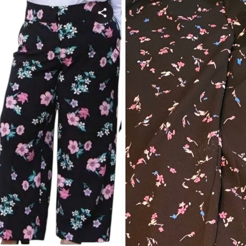 Lane Bryant Black Floral Wide Leg Pants Plus Size 14/16 Elastic Waist Flowy‎